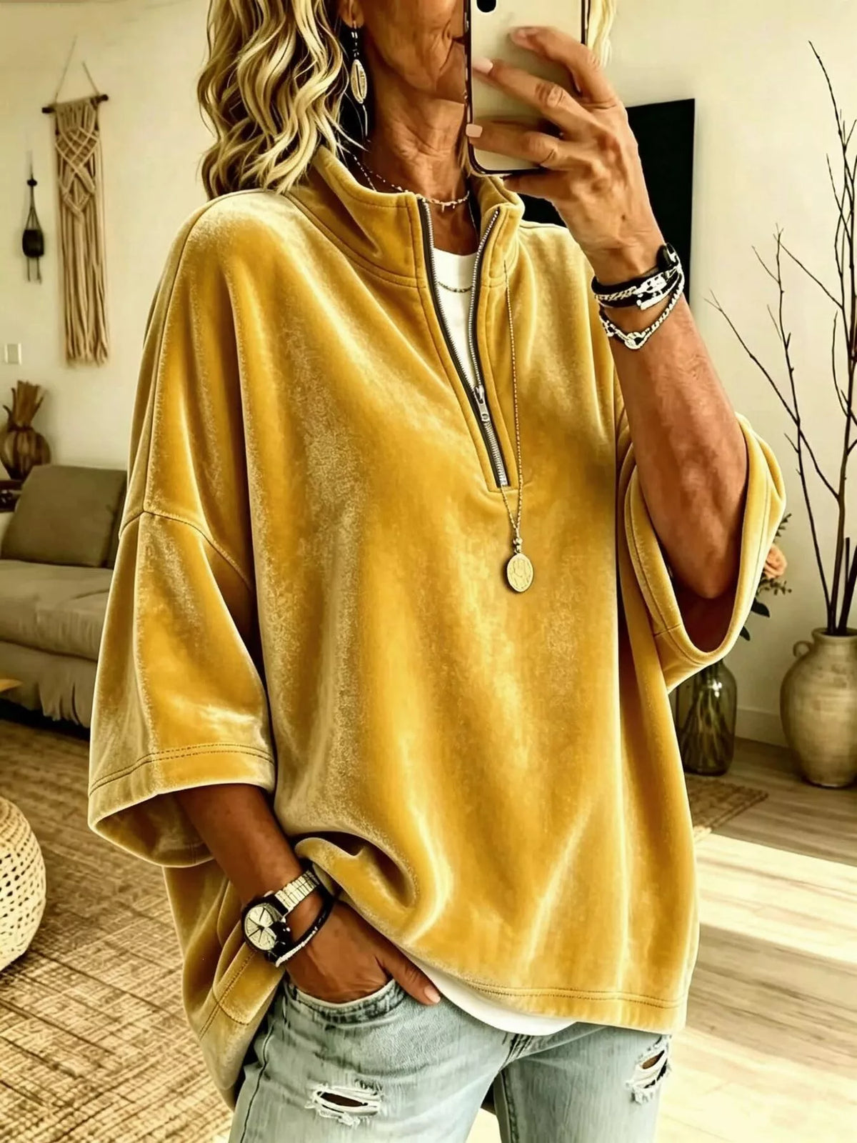 Trendsi Full Size Velvet Quarter-Zip Sweatshirt Plus Size -
