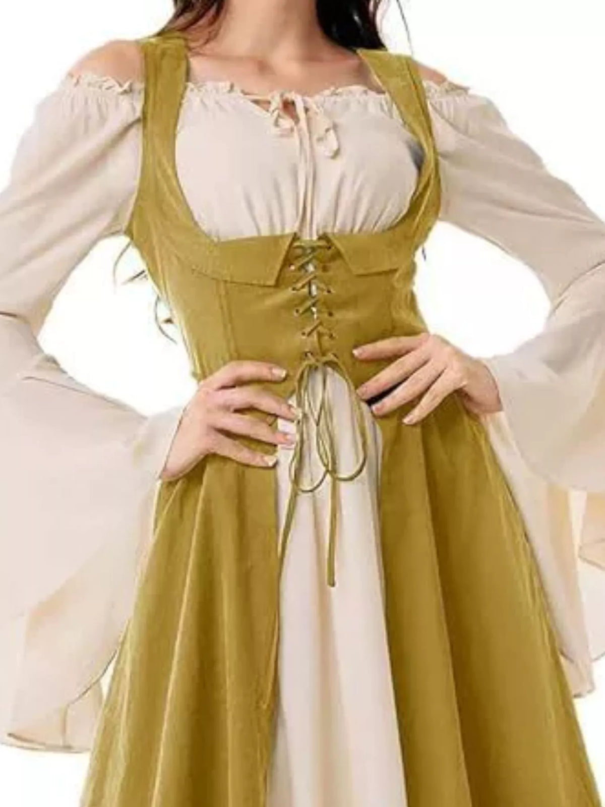 Mustard corset style lace-up bell sleeve dress — design and construction details