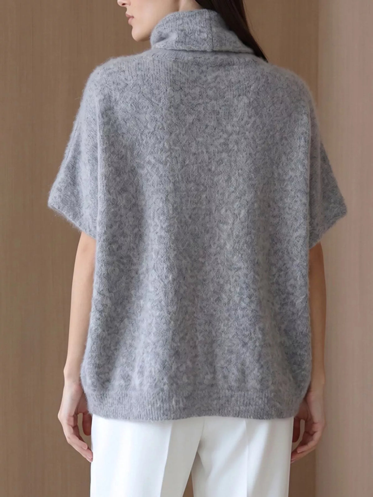 Fuzzy short-sleeve turtleneck sweater in gray, back view