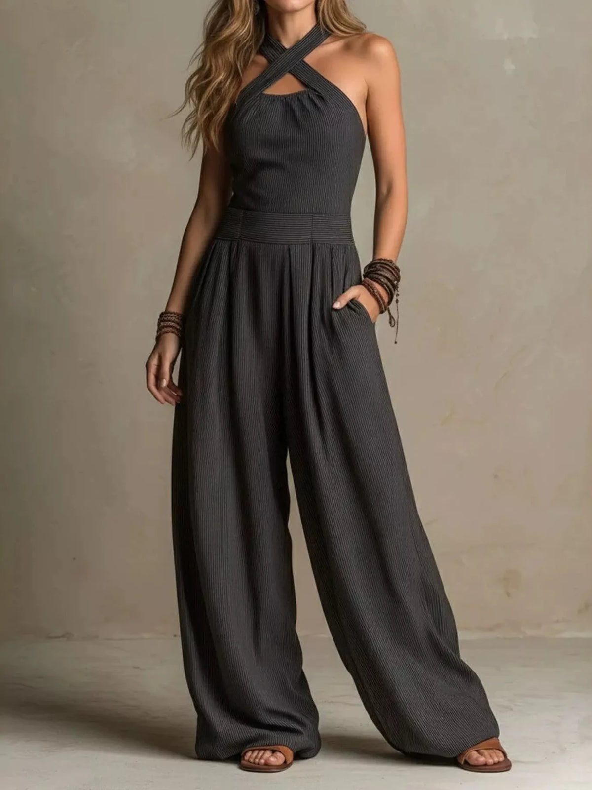 Black halter-neck wide-leg jumpsuit, front view