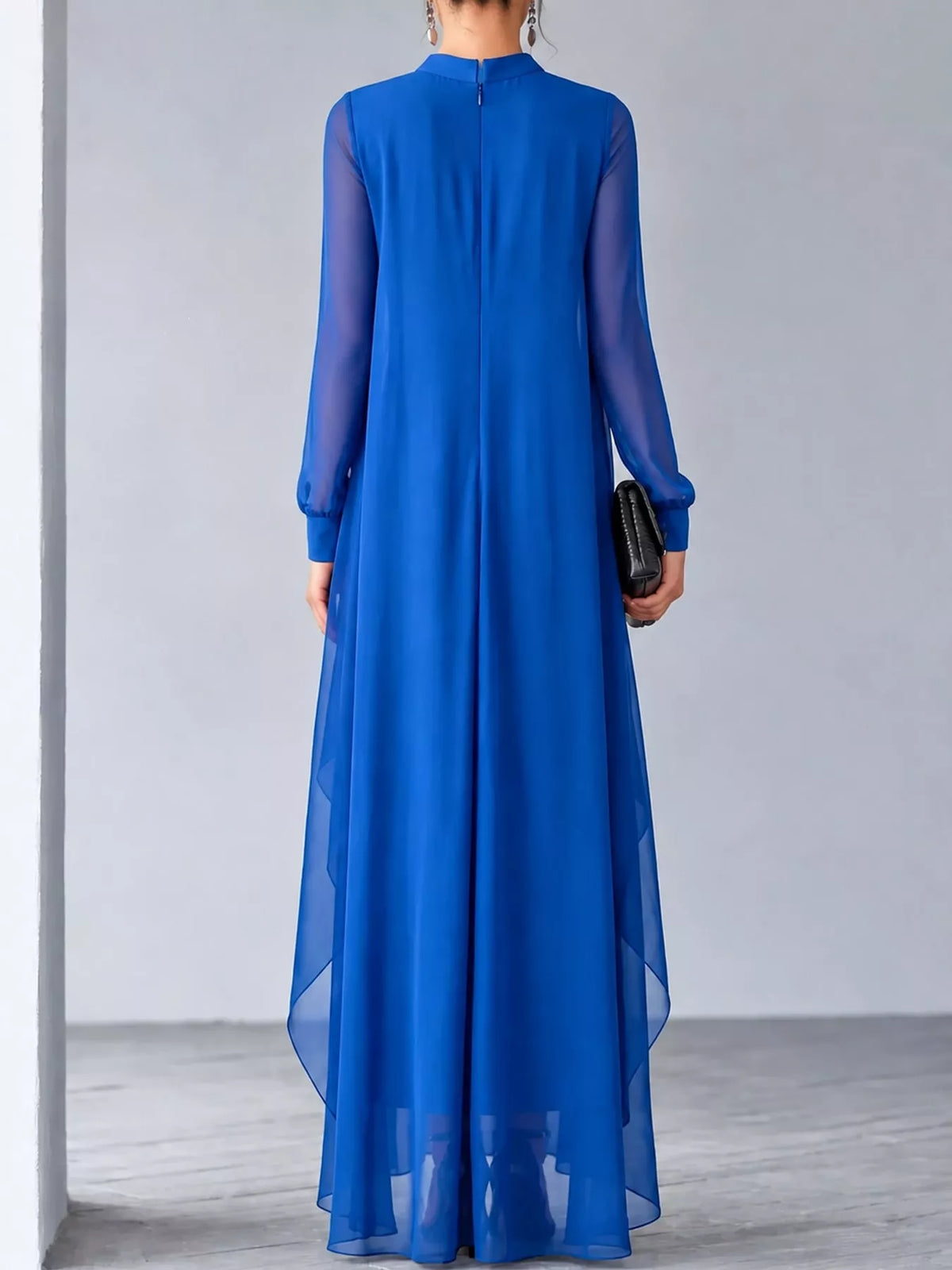 Sheer Sleeve Chiffon Layered Maxi Dress, back view in blue