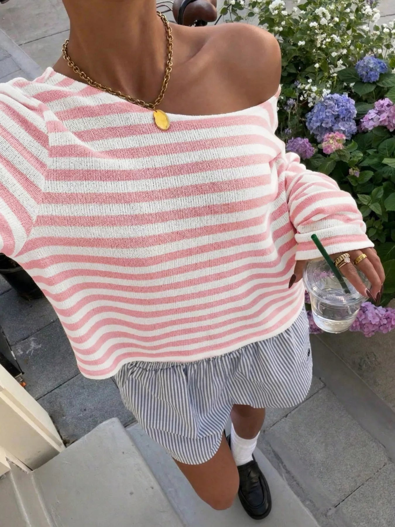 Trendsi Boat Neck Striped Long Sleeve T-Shirt -