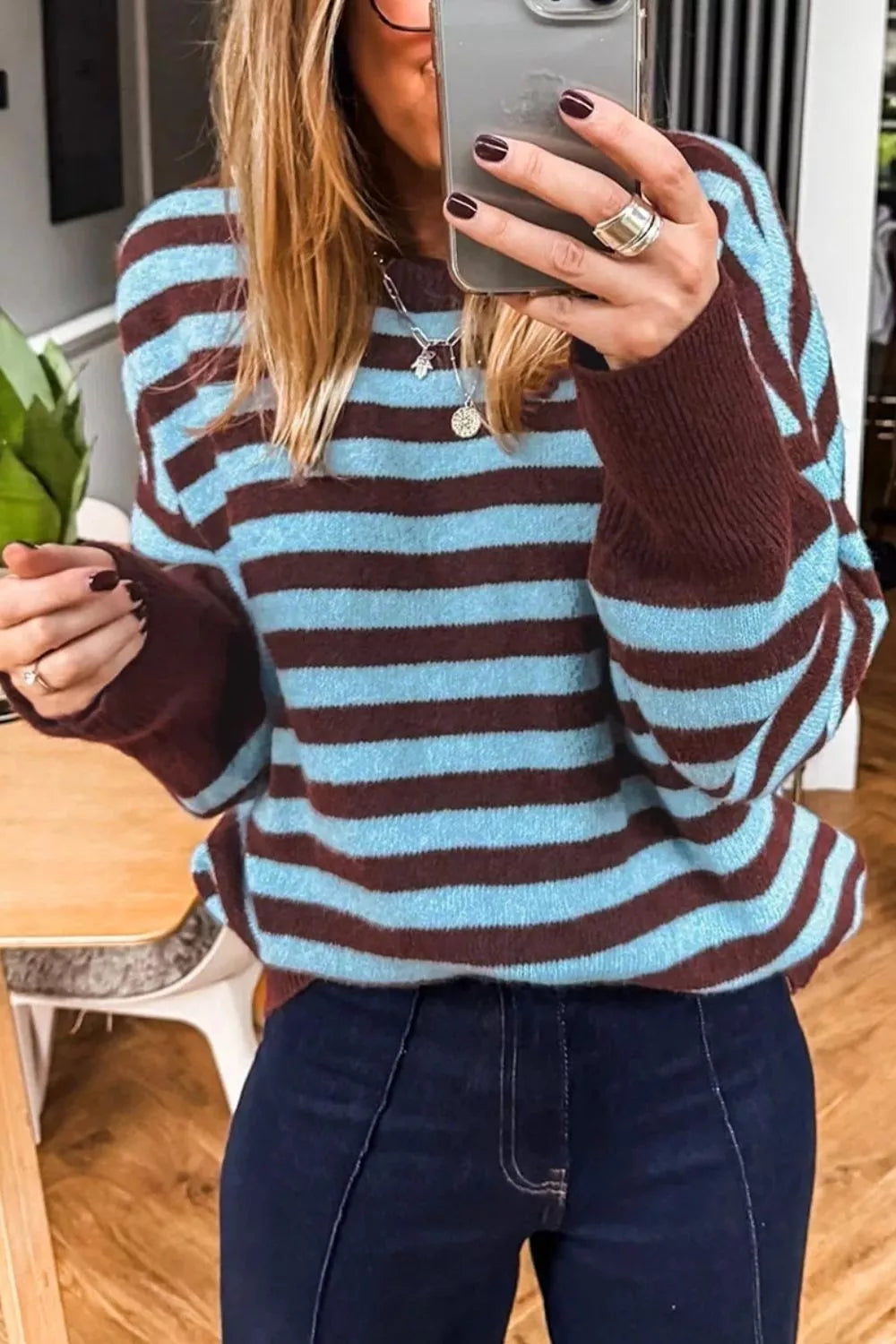 Trendsi Stripe Color Block Loose Crew Neck Cuffed Sweater -