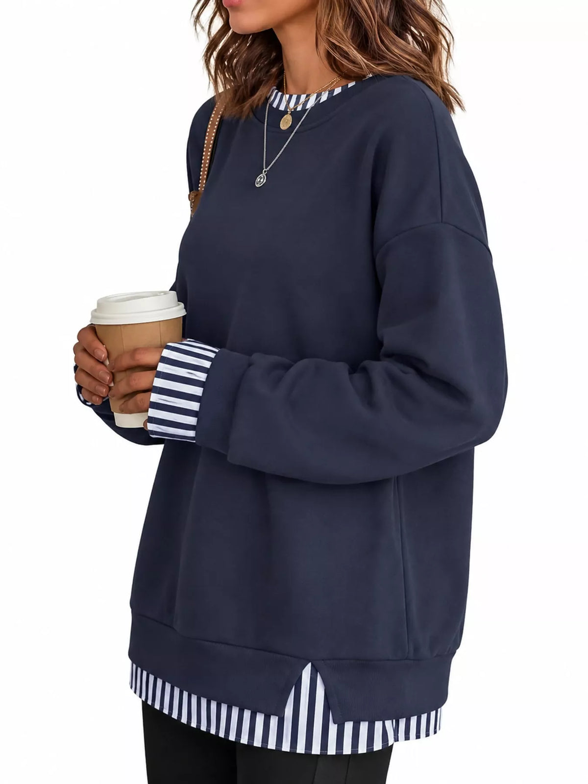 Layered Look Crew Neck Sweatshirt in navy with striped trim, side view