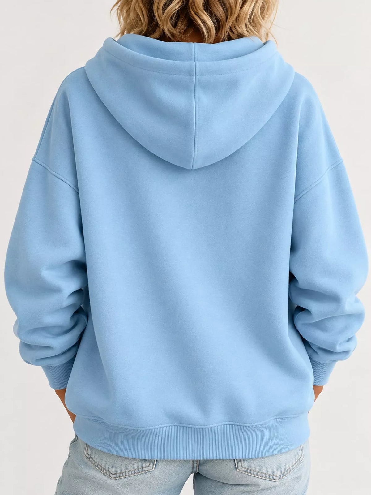 Women's Drawstring Dropped Shoulder Hoodie in light blue — back view