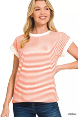 Trendsi Zenana Striped Round Neck Short Sleeve Contrast Trim T-Shirt -