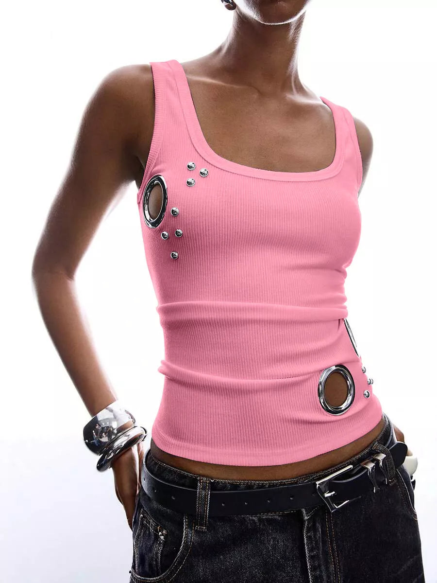 Trendsi Ribbed Tank Top with Metal Grommet Cutouts and Stud Embellishments -