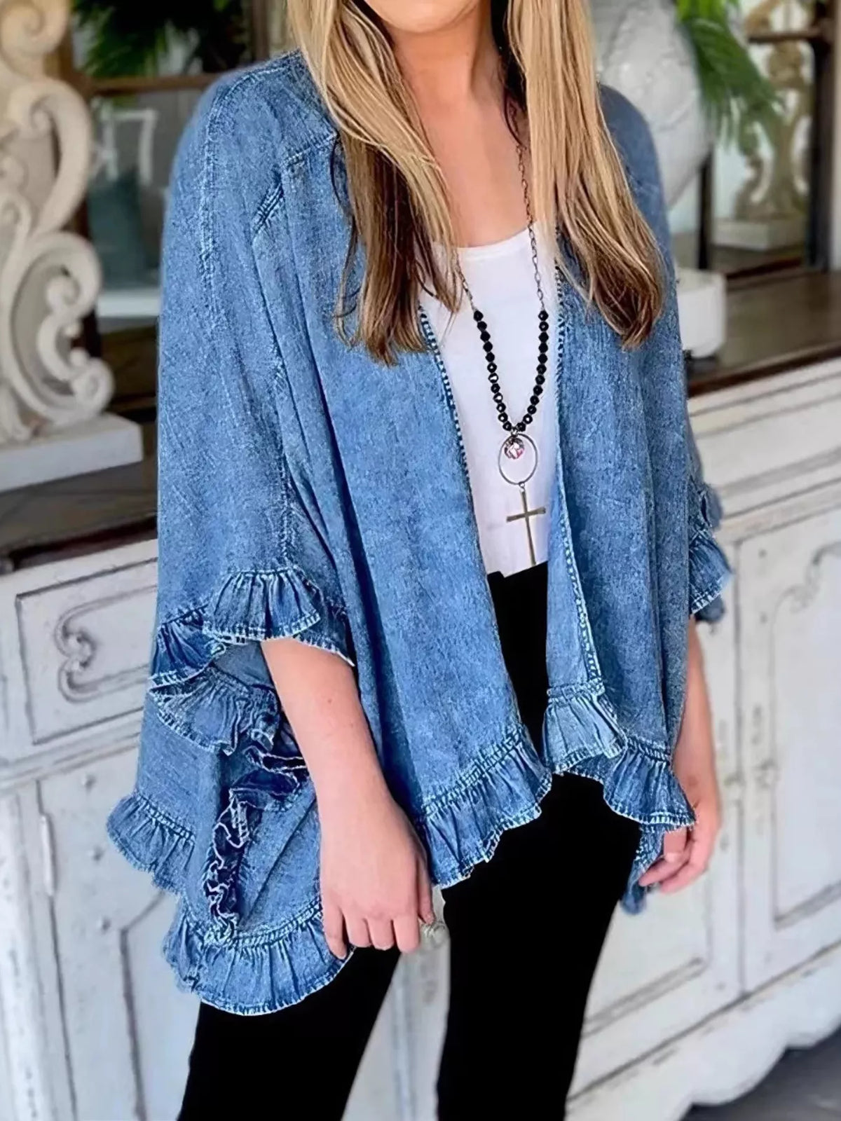 Royal Blue Ruffled Edge Open Front Denim Jacket front view