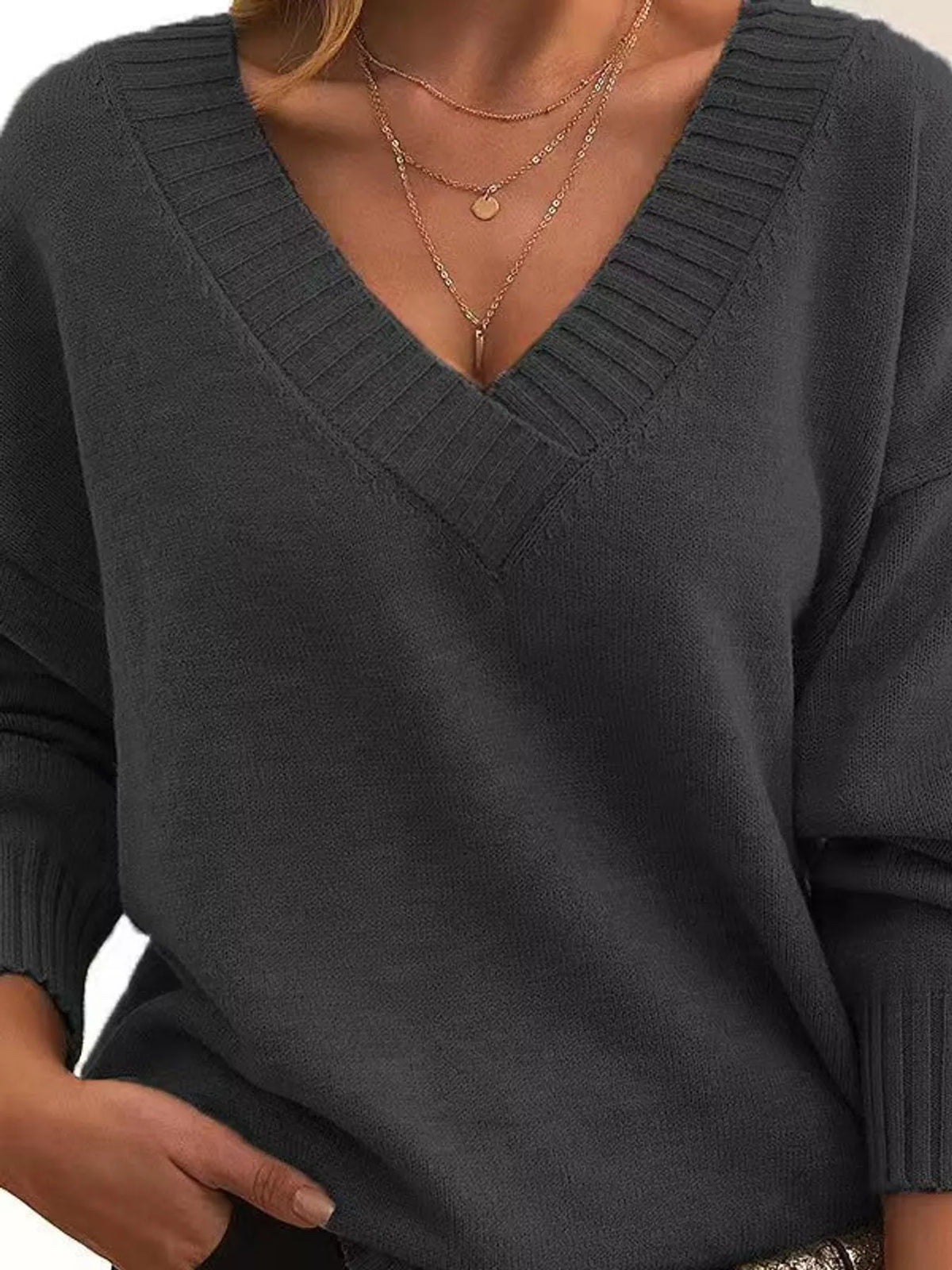 V-neck sweater, dark gray front