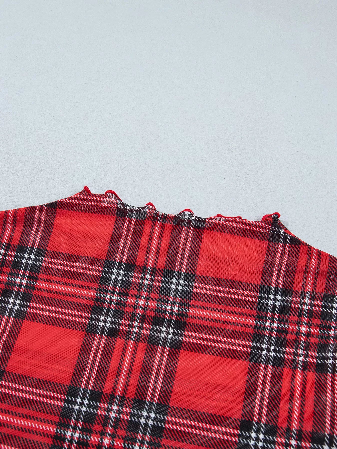 Trendsi Sheer Plaid Mock Neck Long Sleeve Blouse -