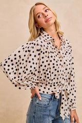 Trendsi BiBi Polka Dot Print Tie Hem Detail Crop Shirt -