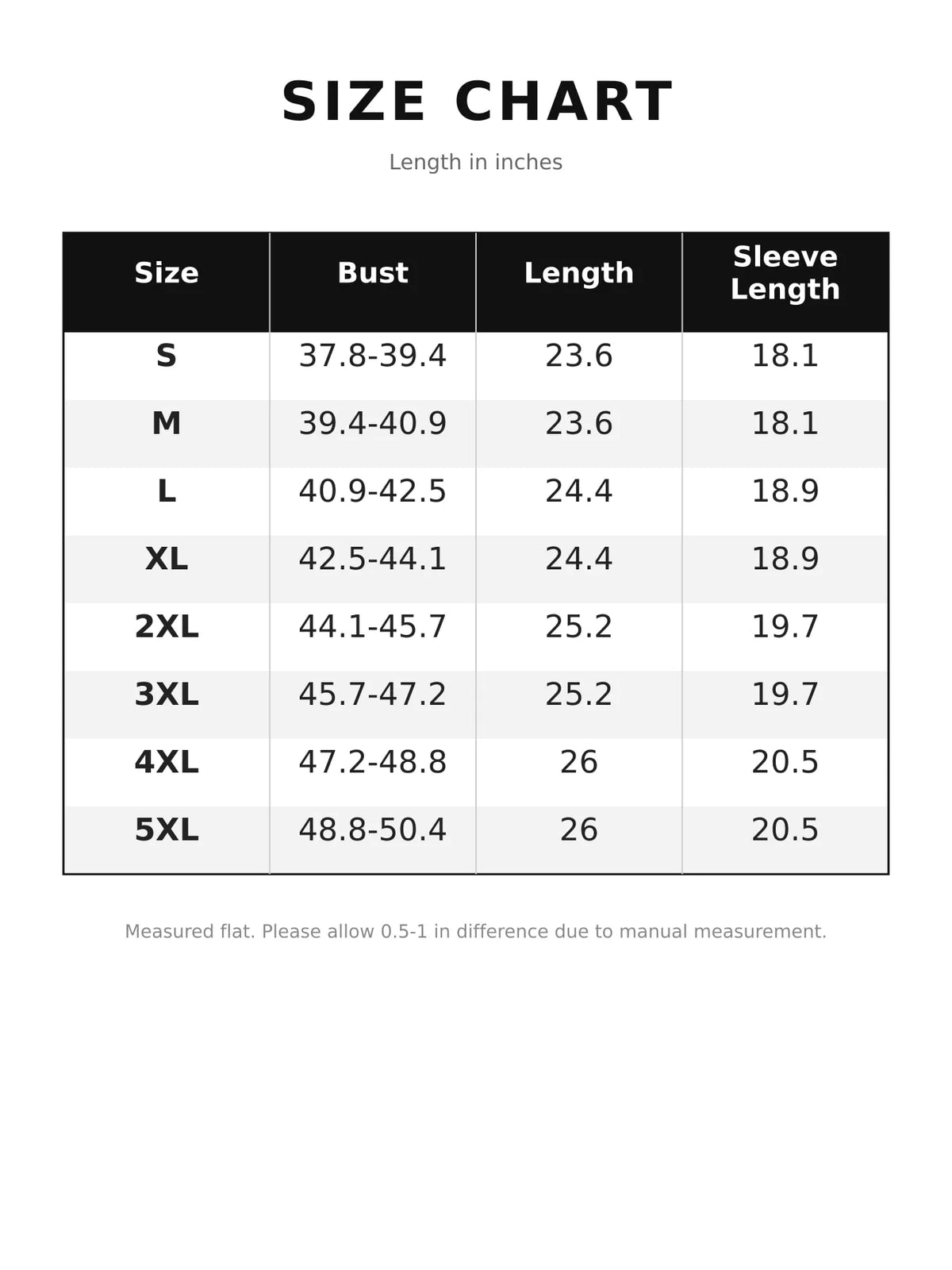 Size and measurement chart for three-quarter sleeve sweater