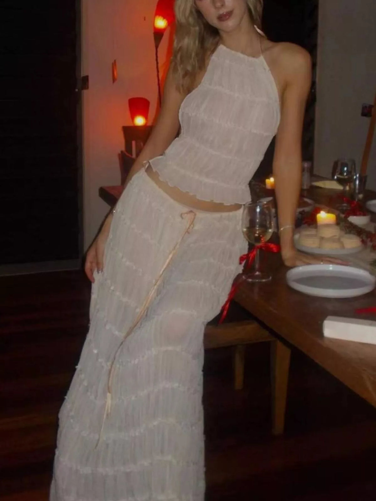 Halter top and skirt set, white set front