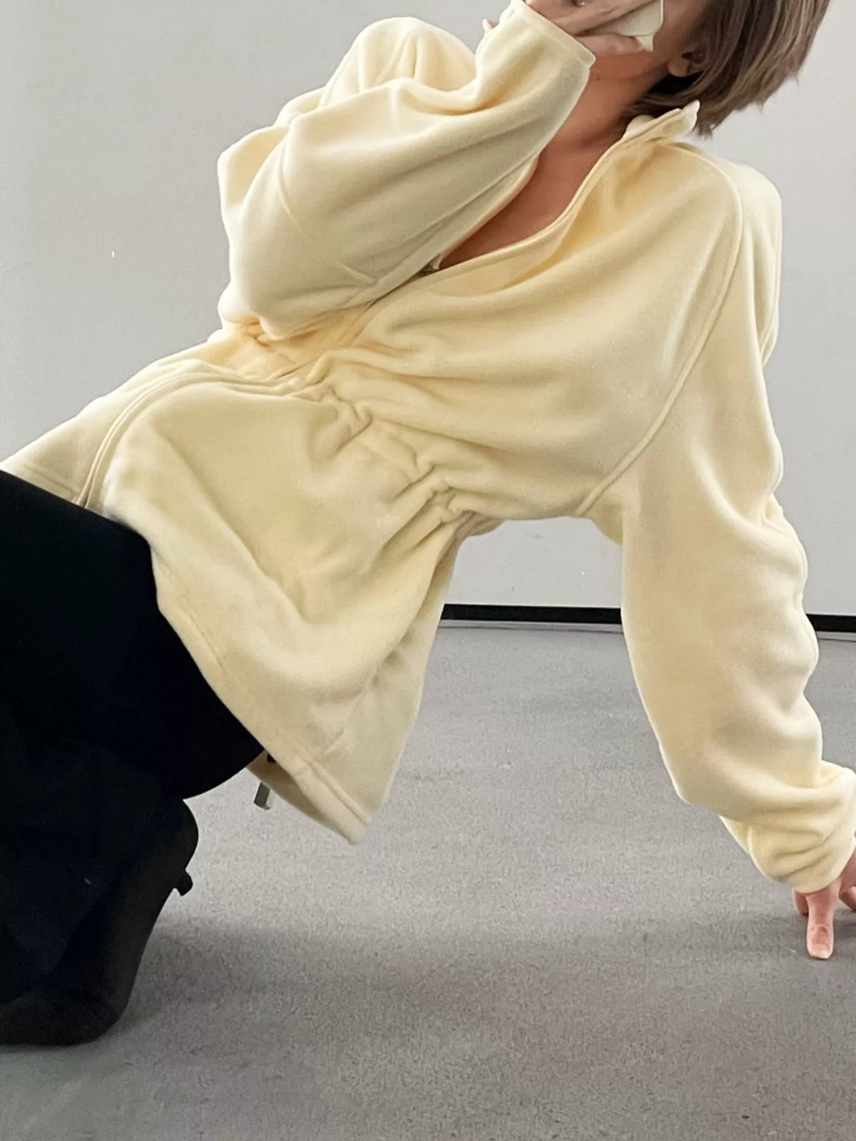 Yellow drawstring fleece zip-up jacket