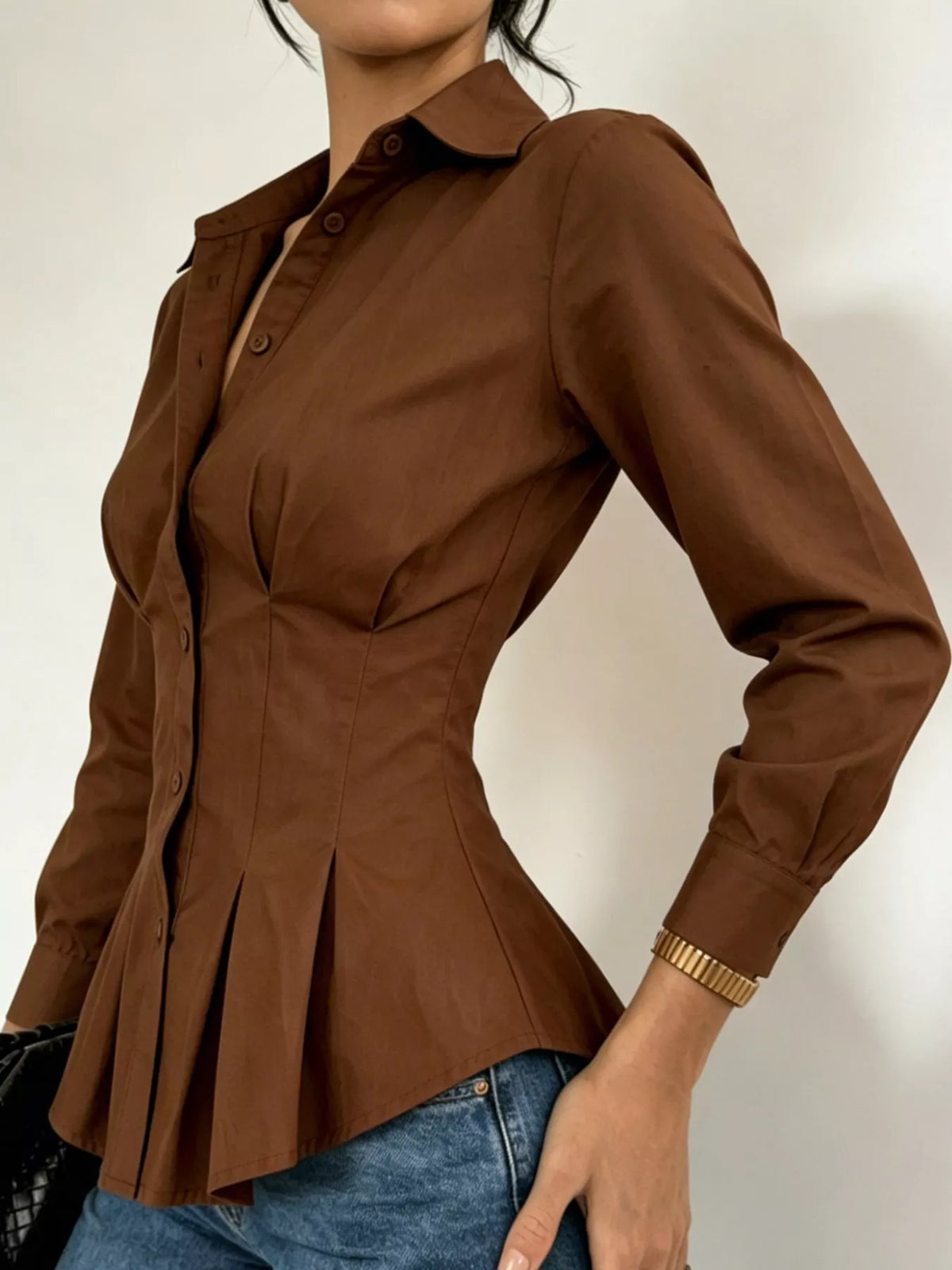 Button-Down Peplum Blouse with Fitted Waist, side view