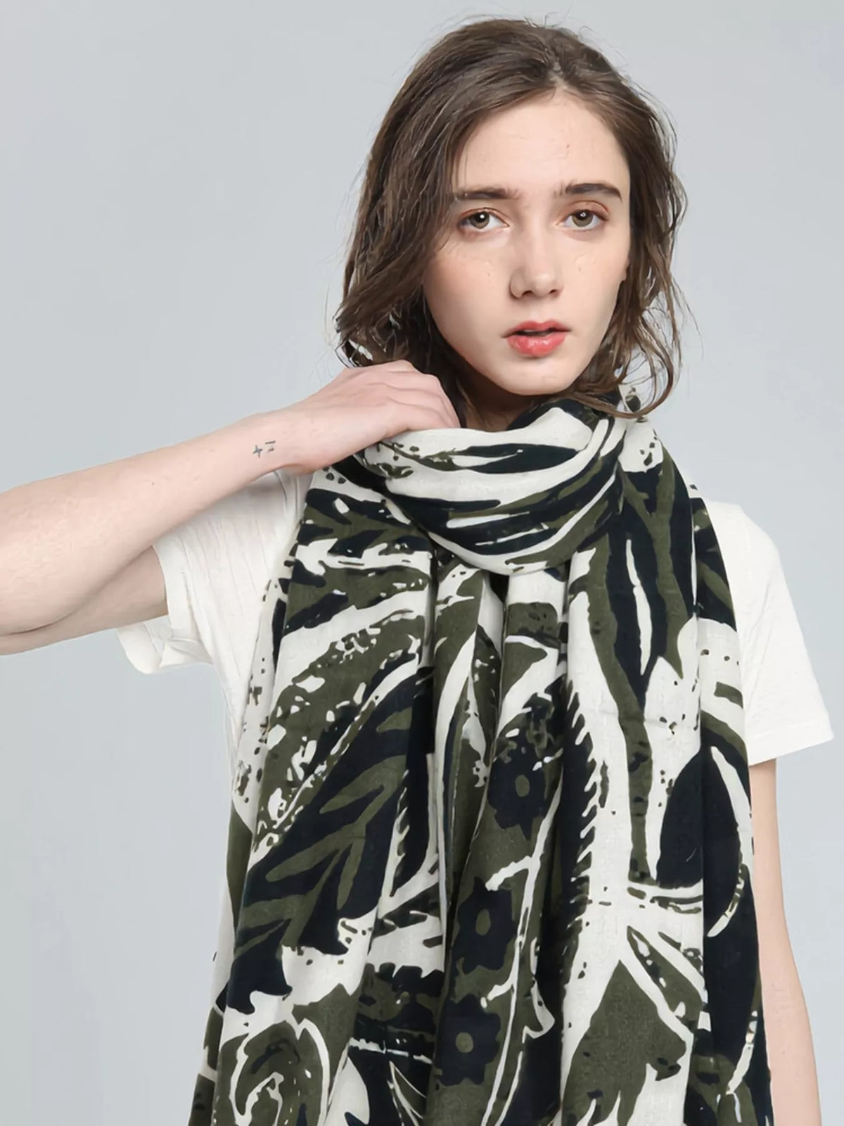 Botanical Print Scarf, shown worn