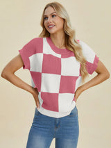Trendsi Double Take Full Size Checkered Round Neck Short Sleeve Sweater -
