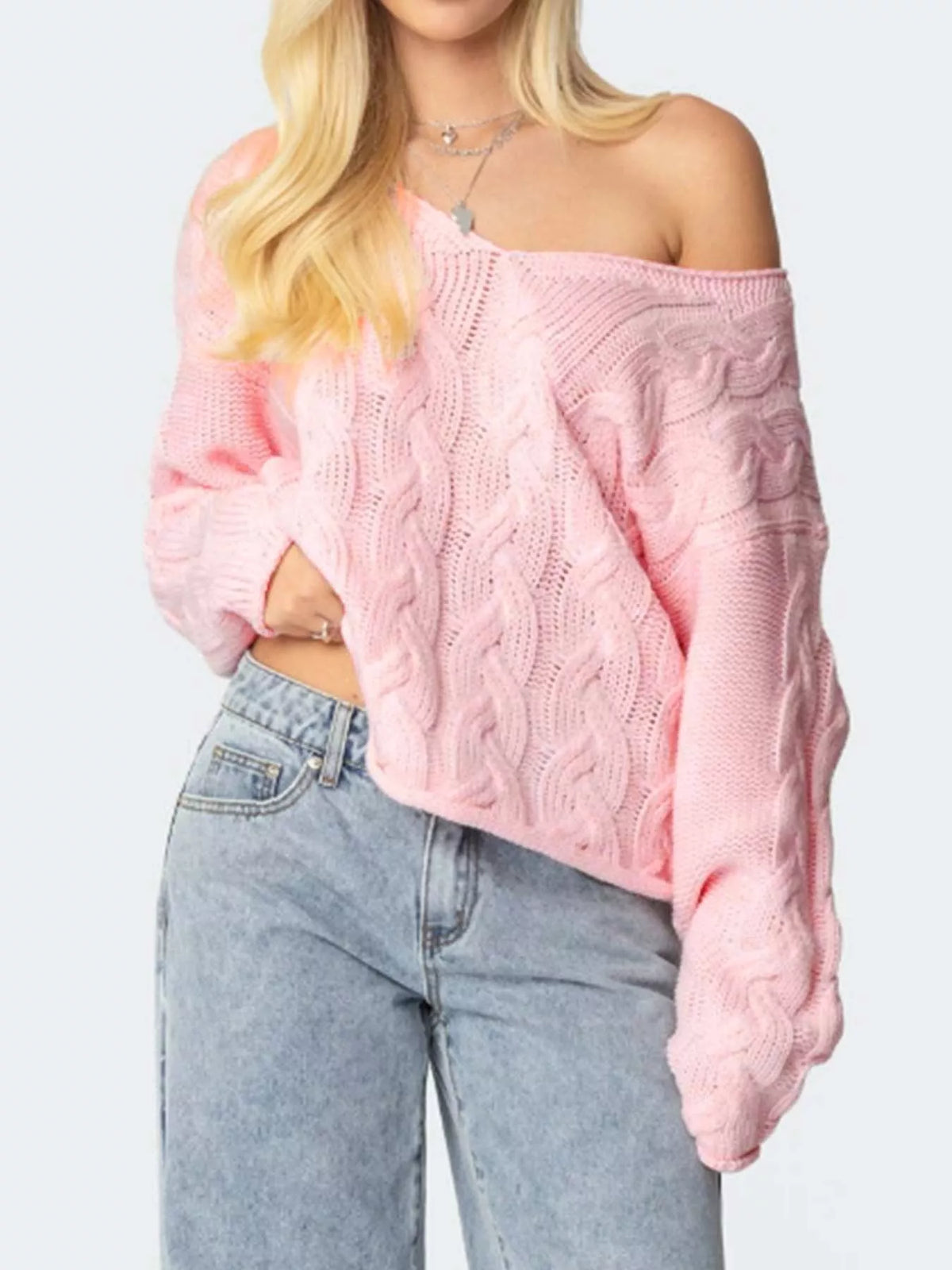 V-neck long sleeve sweater, front view on model