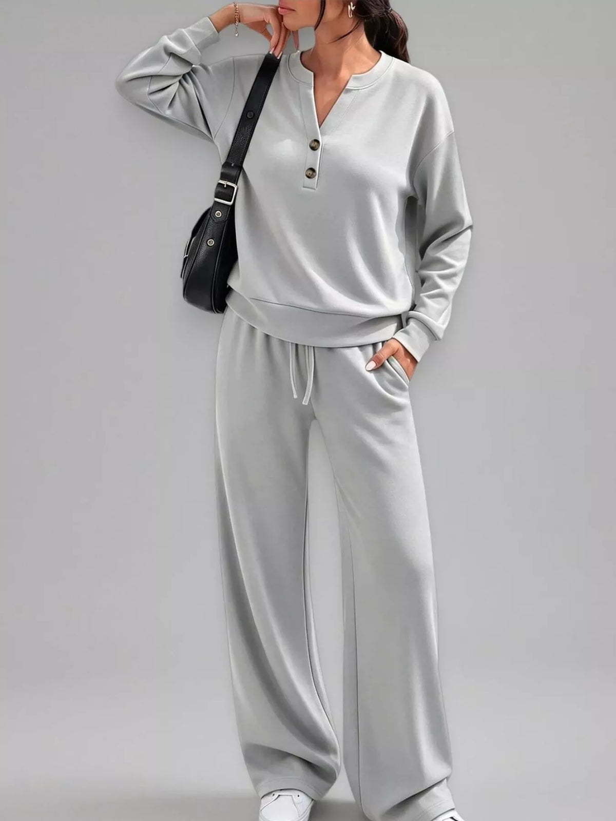 Gray button detail top and wide-leg pants set — front view