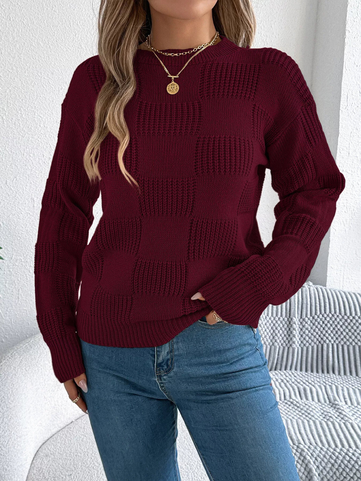 Wine Red checkerboard textured knit sweater