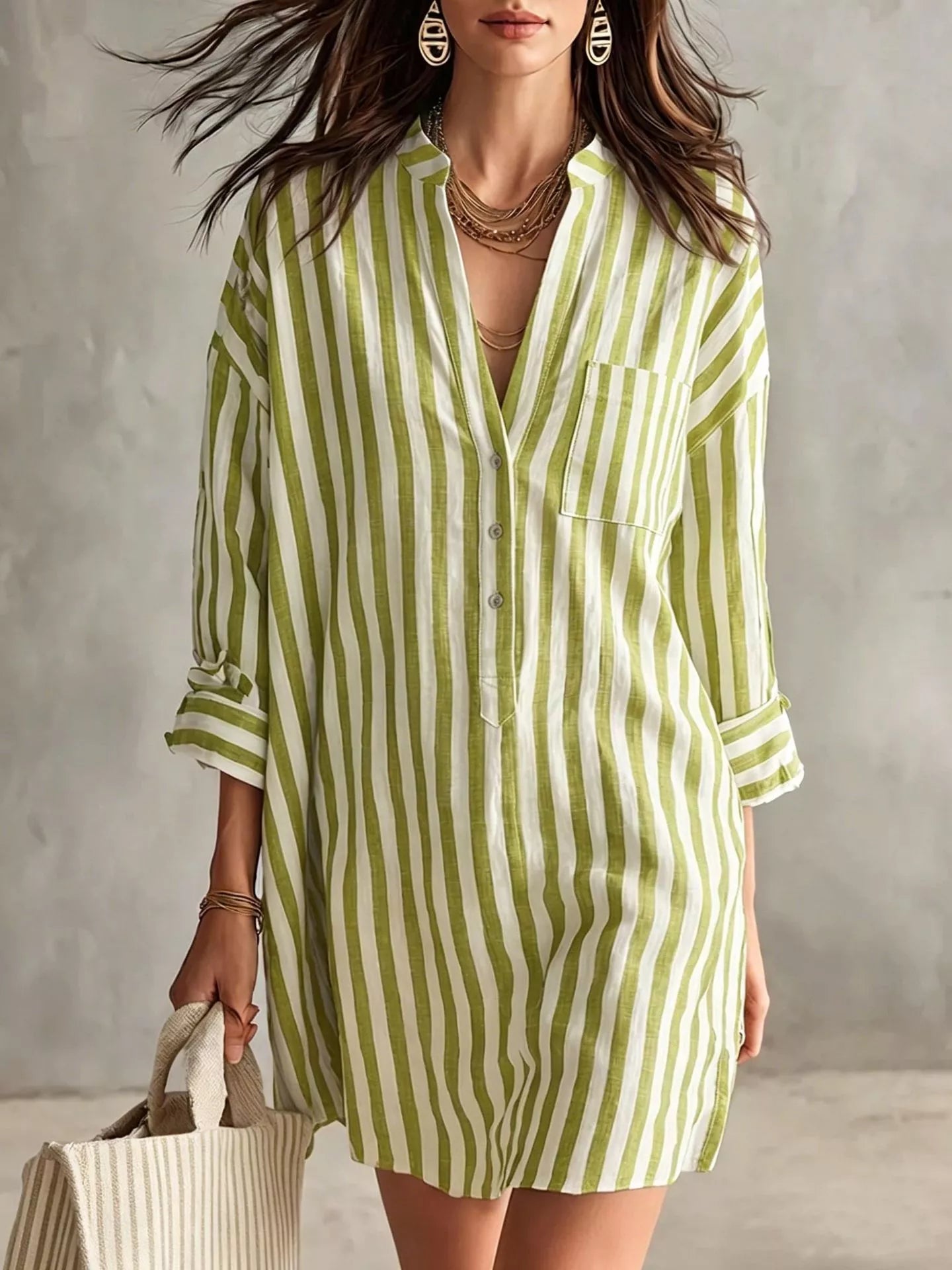 Trendsi Full Size Striped Linen Shirt Mini Dress Plus Size -