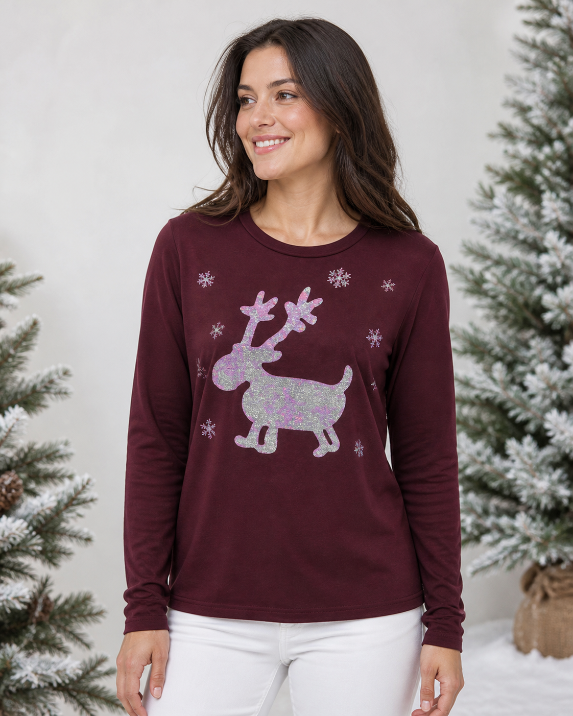 Niobe Clothing Cute Glitter Moose Long Sleeve Top - T-Shirts holiday