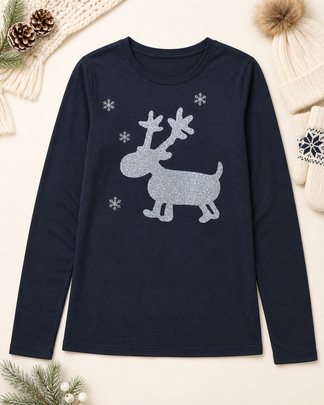 Niobe Clothing Cute Glitter Moose Long Sleeve Top - T-Shirts holiday