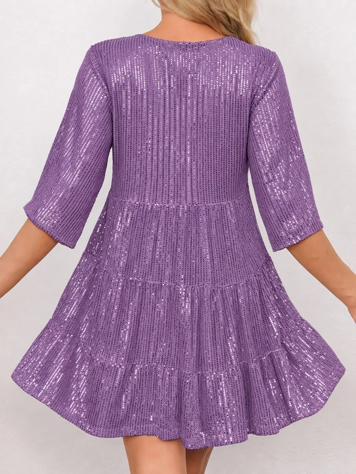 Round neck 3/4 sleeve mini dress, back view