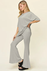 Trendsi Double Take Full Size Round Neck Drop Shoulder T-Shirt and Flare Pants Set - Pants