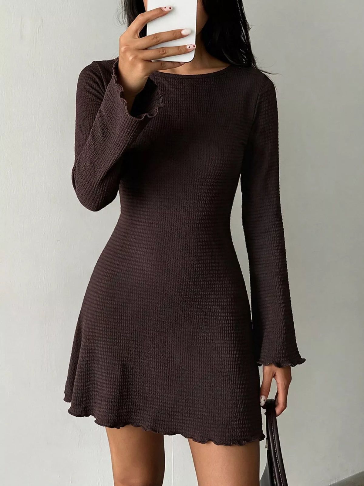 Trendsi Long-Sleeve Waffle Knit Bodycon Mini Dress -
