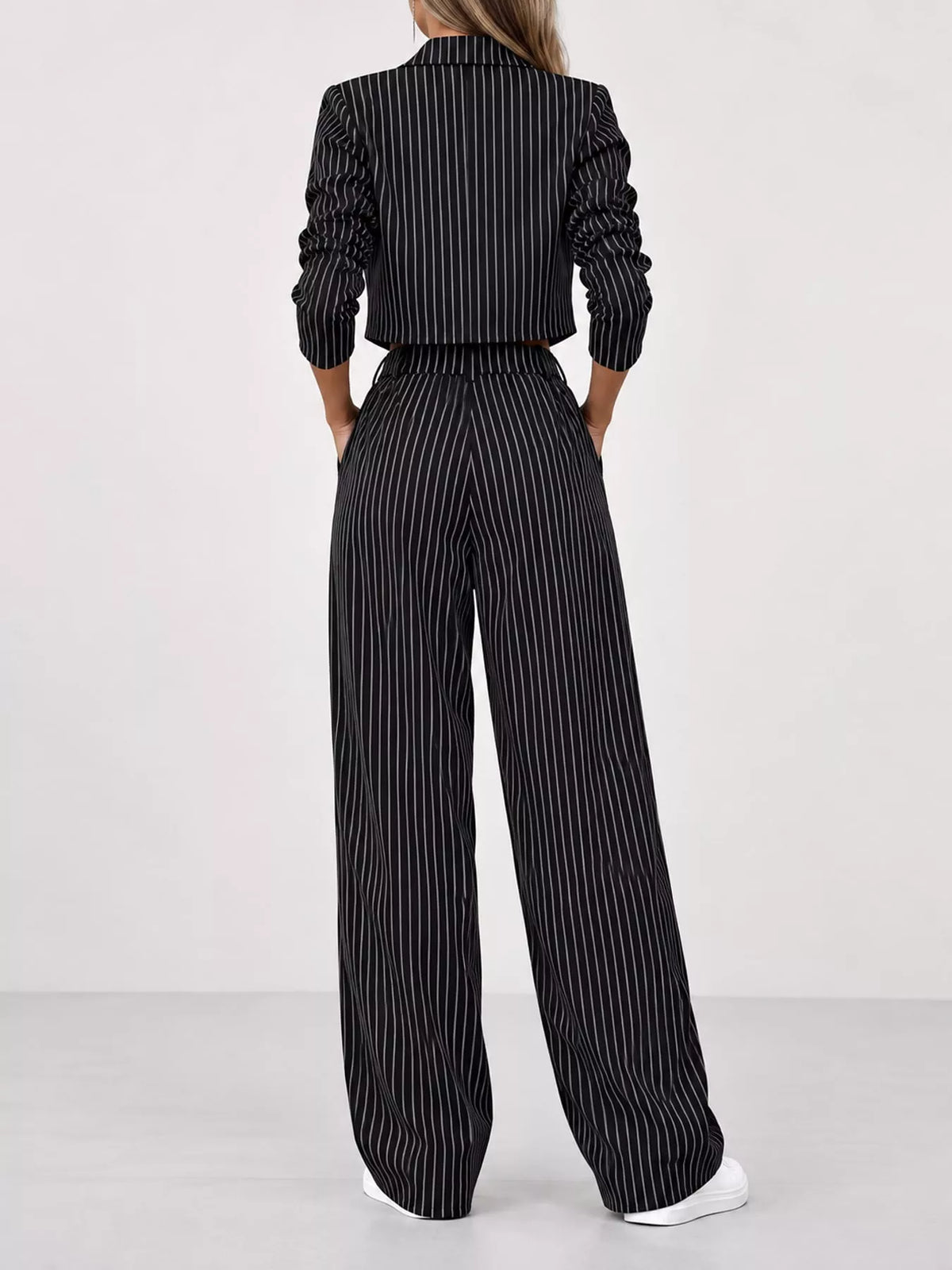 Striped cropped pantsuit, black striped suit back