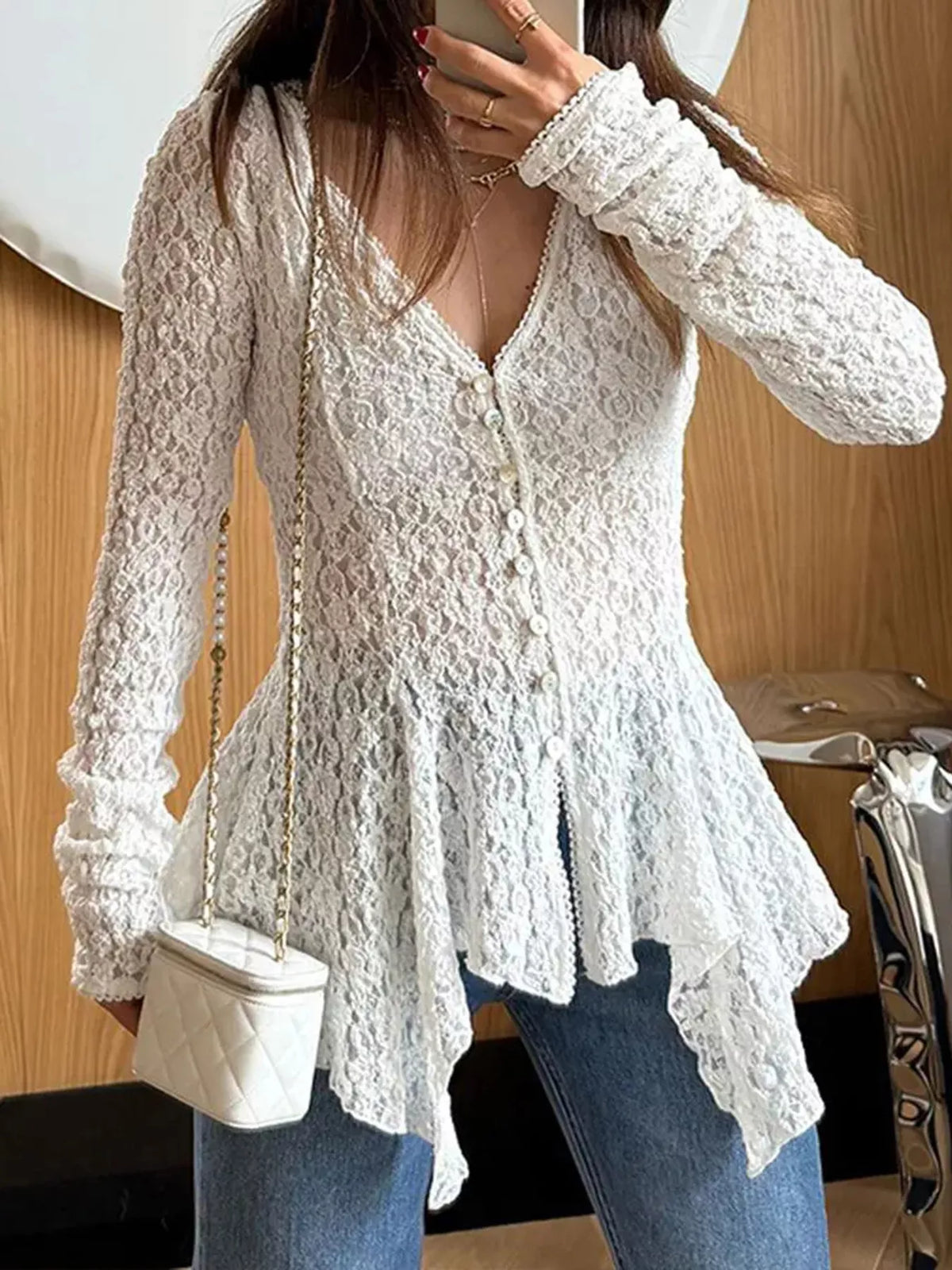 Floral Lace V-Neck Button-Down Peplum Blouse, front view