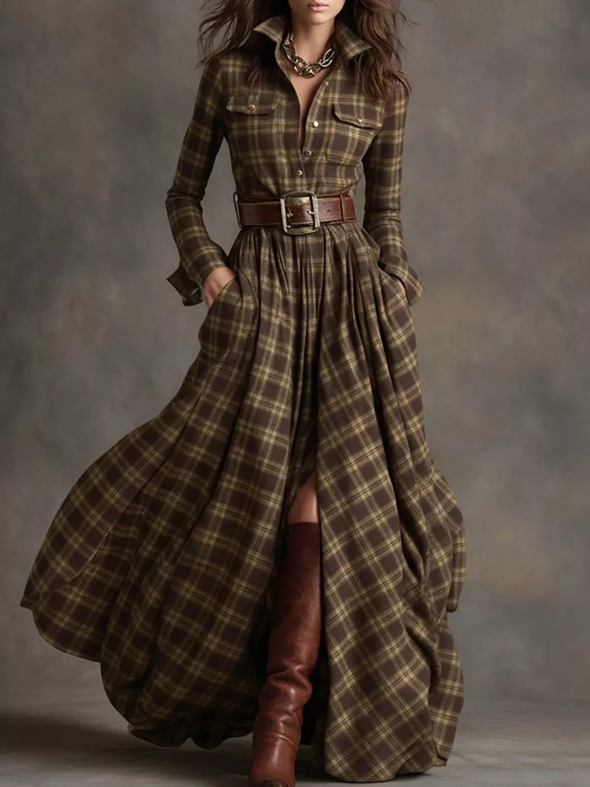 Vintage Plaid Button-Down Maxi Shirt Dress in coffee with small checks