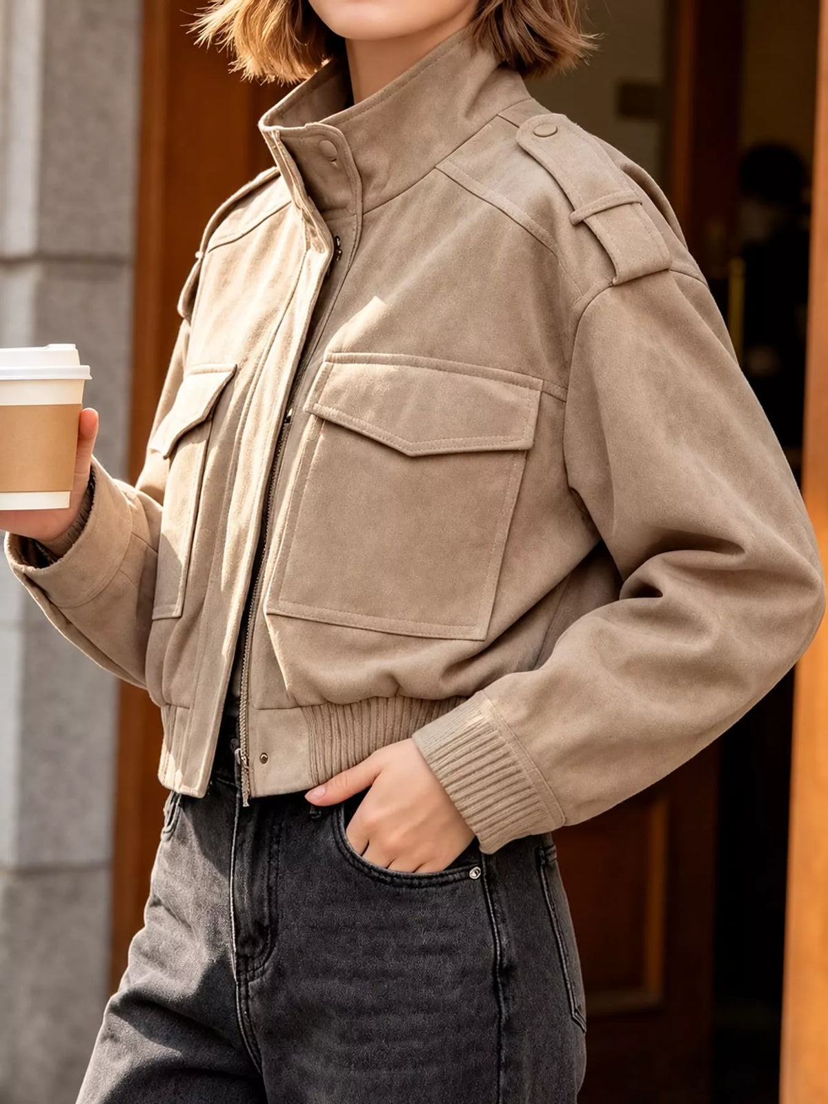 Mandarin neck long sleeve jacket, front view on model