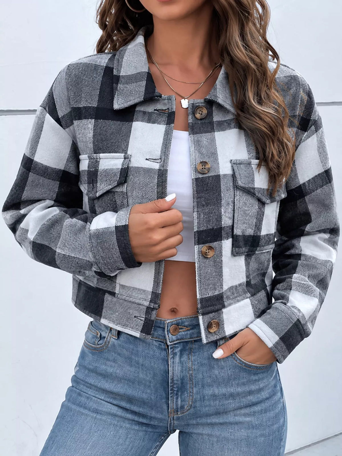 Plaid cropped jacket, gray plaid front