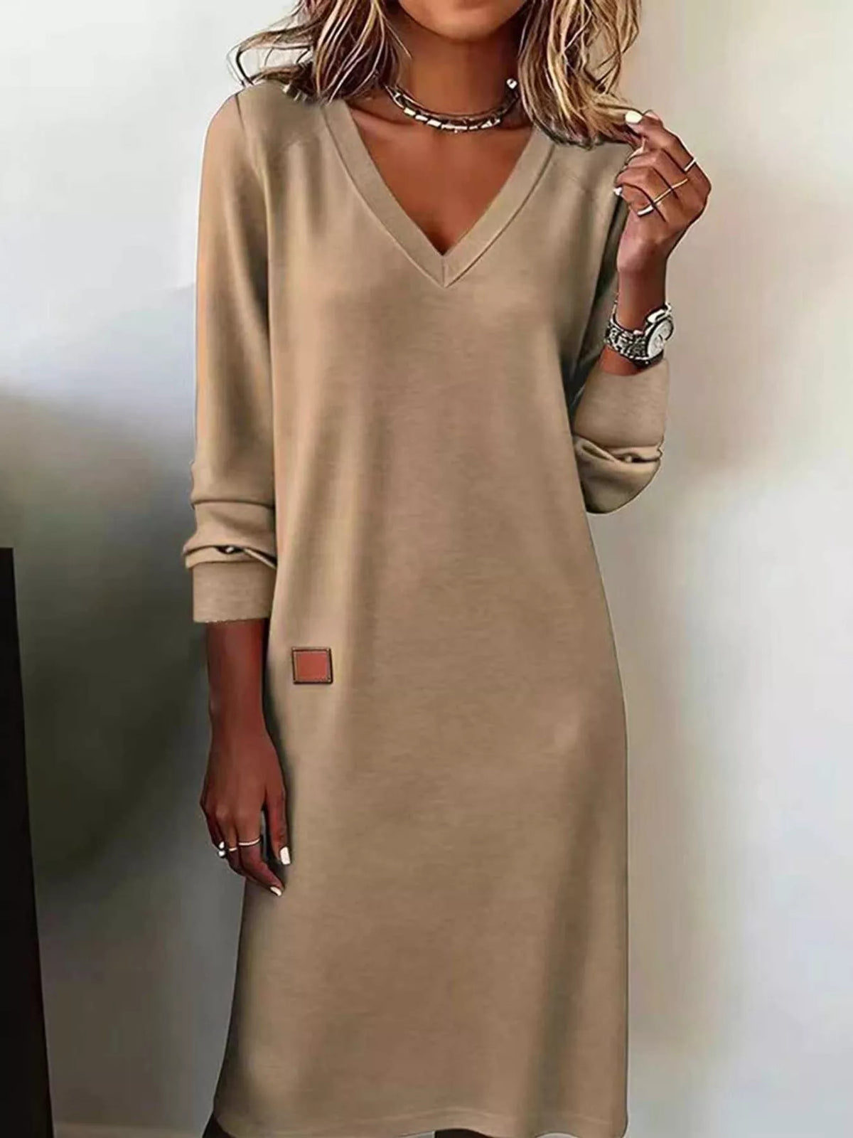 Women's V-Neck Long Sleeve Midi Dress in beige — front view