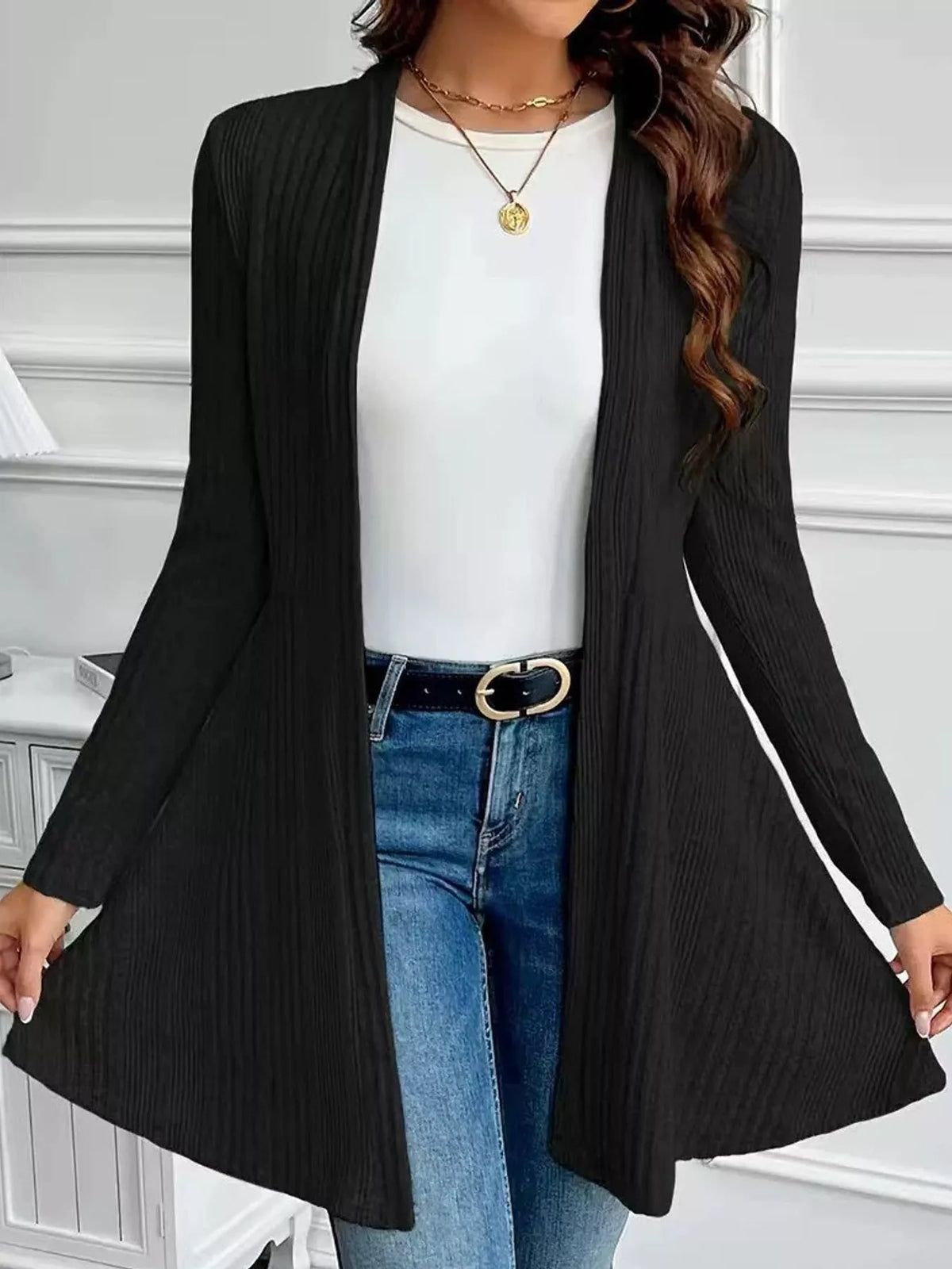 Black ribbed knit open front cardigan