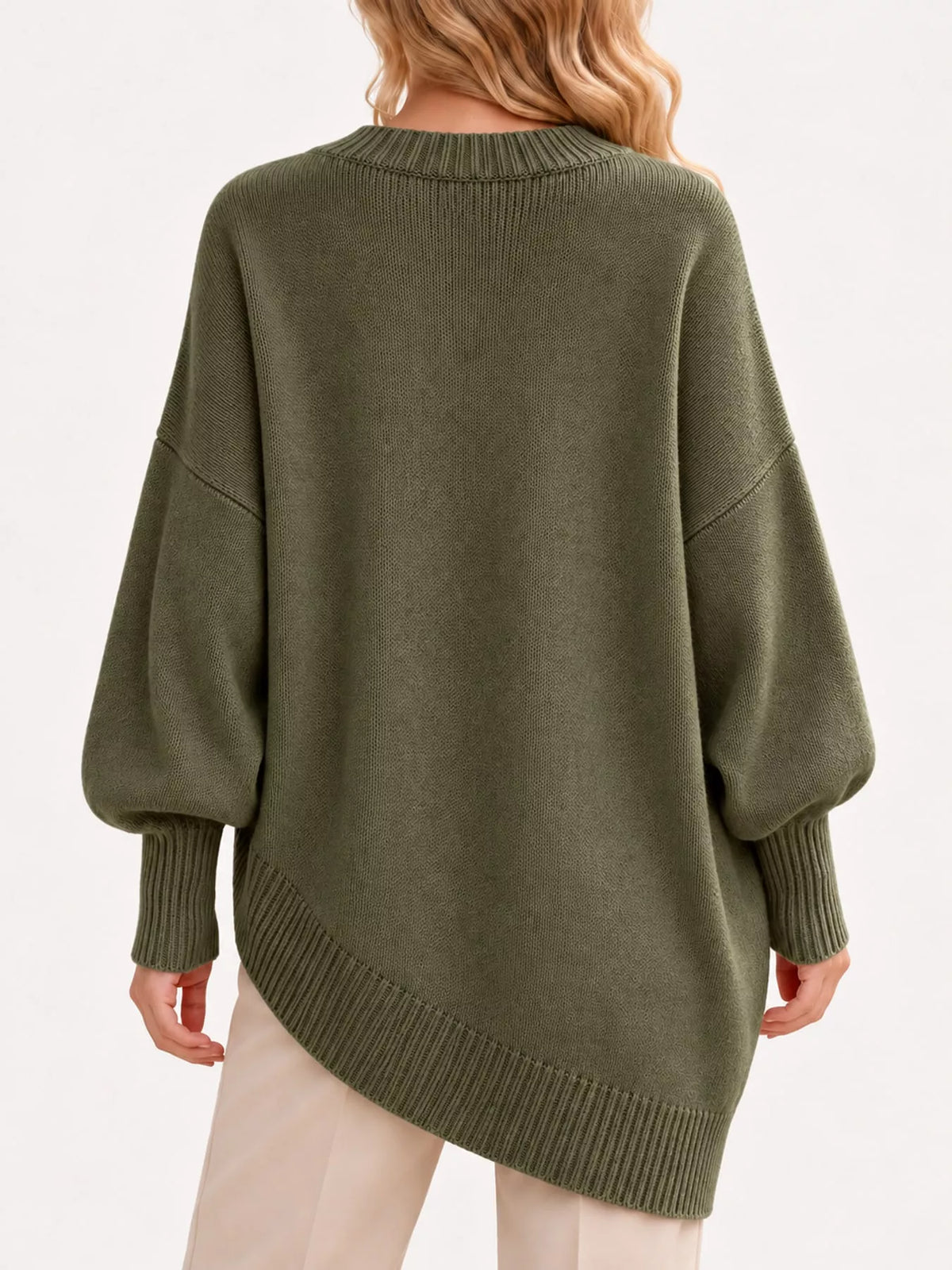 Ribbed Knit Dropped Shoulder Sweater, back view in olive green