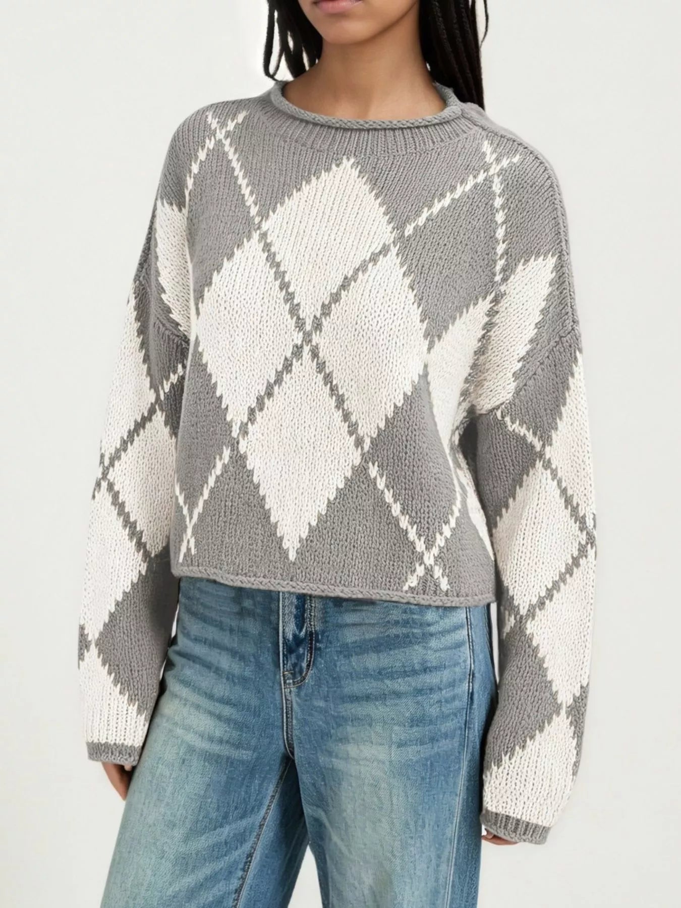 Trendsi Argyle Pattern Knit Dropped Shoulder Sweater -