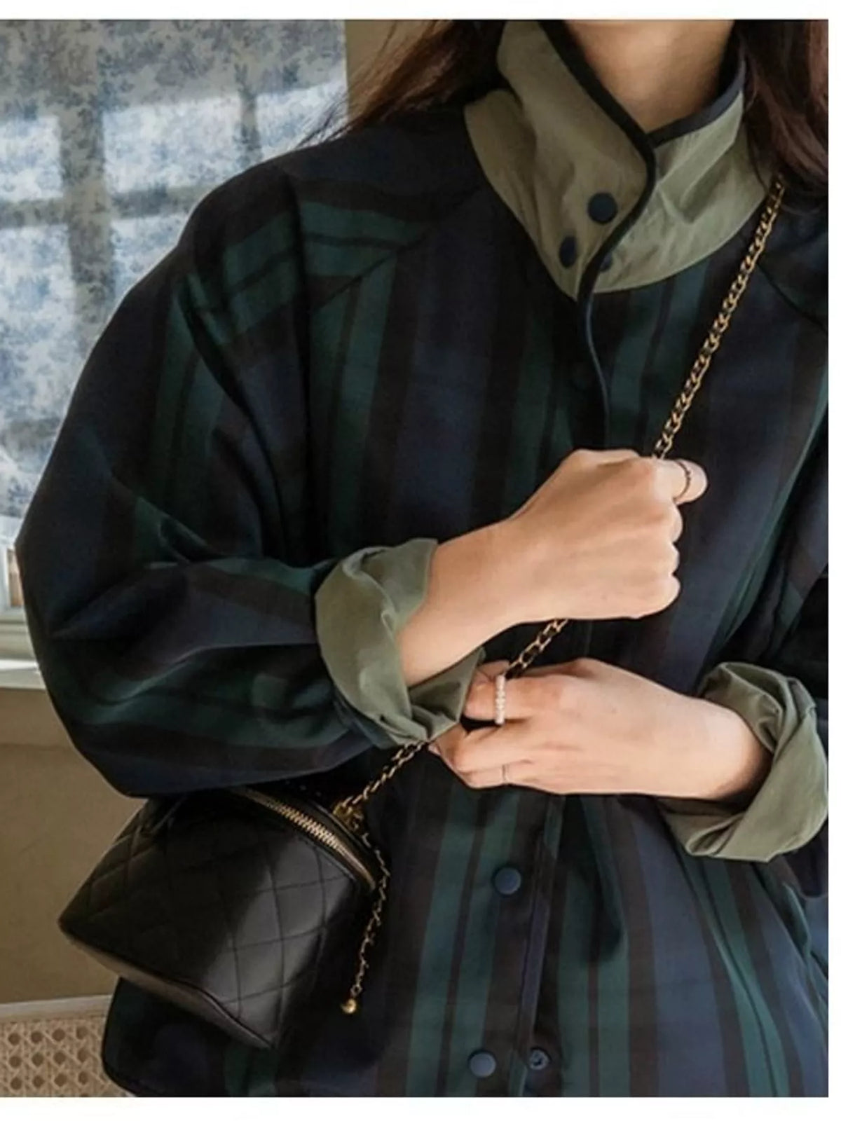 Reversible Jacket with Contrast Plaid Detailing, detail view in khaki
