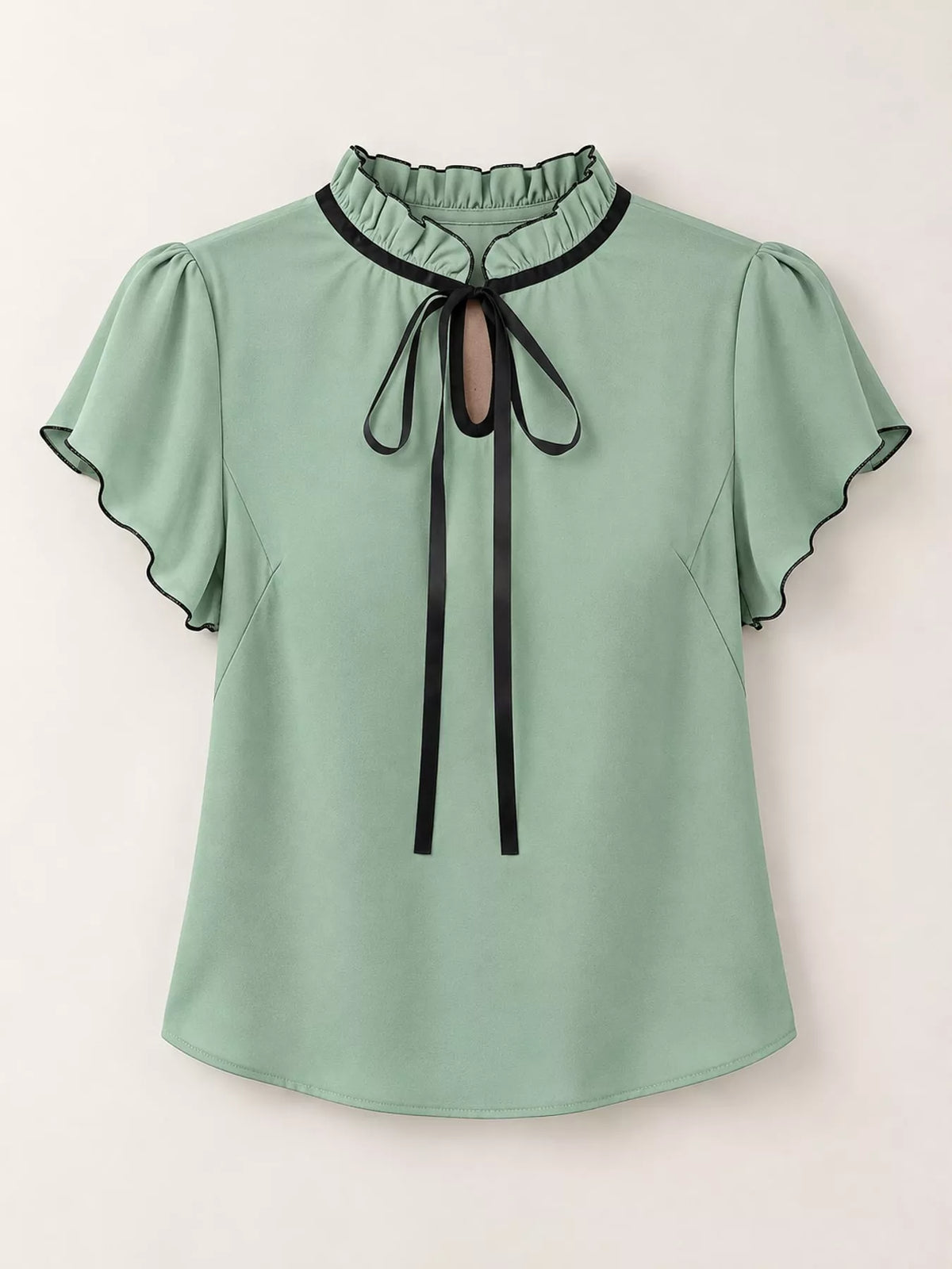 Contrast Trim Ruffle Sleeve Tie-Front Blouse in green and black