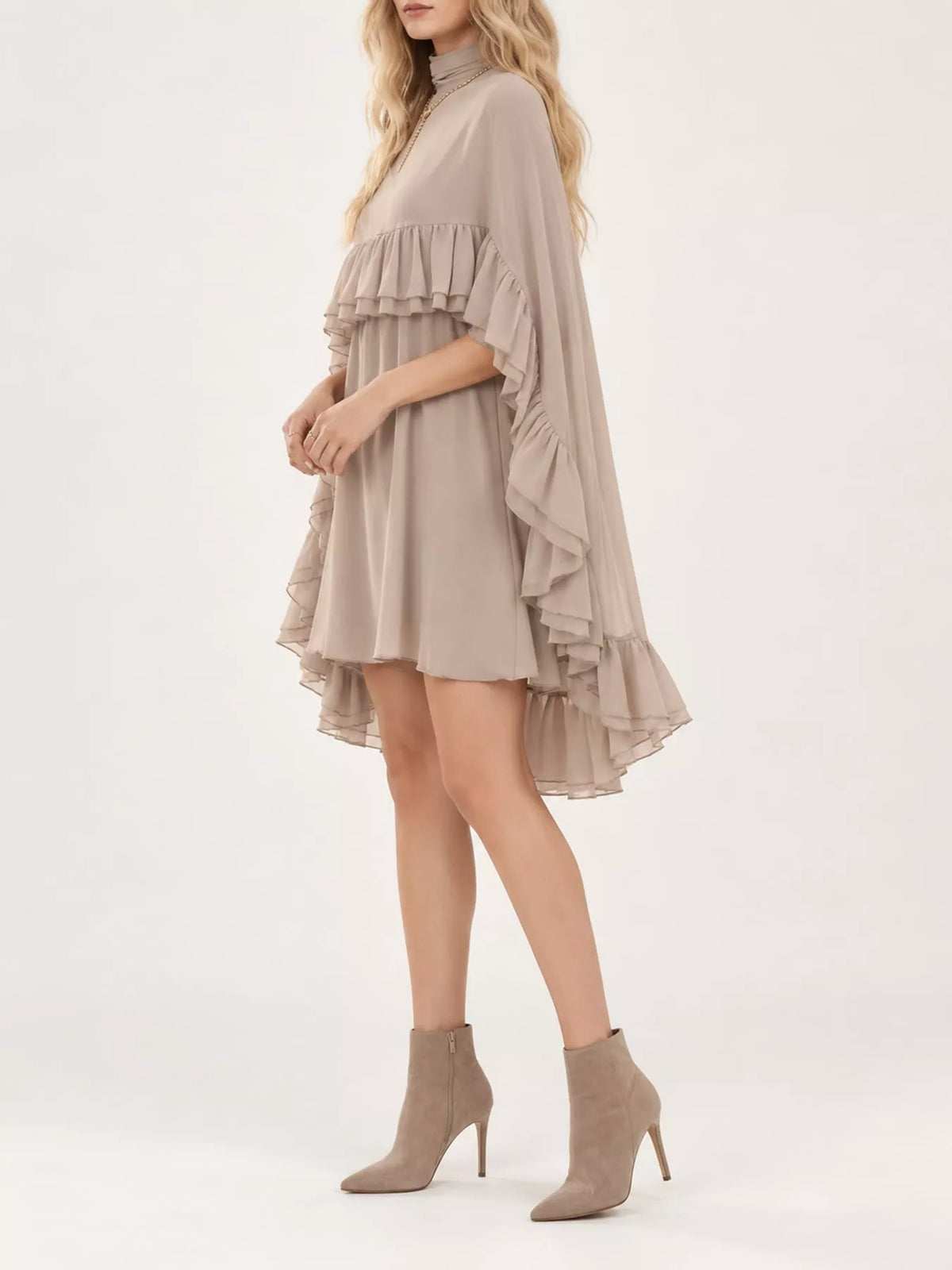 Beige ruffled cape and cami dress set, side view