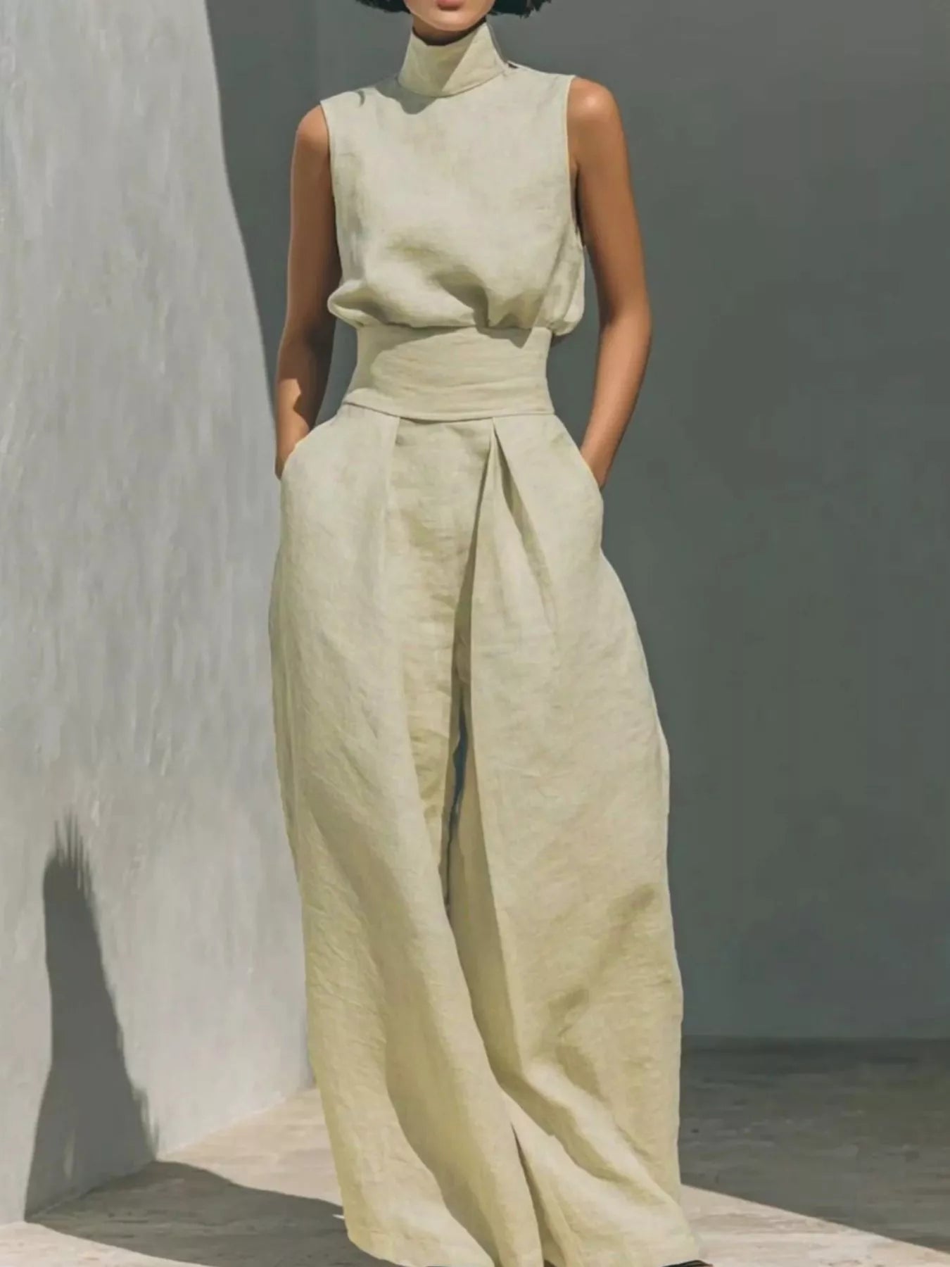 Turtleneck sleeveless top and wide-leg pants set