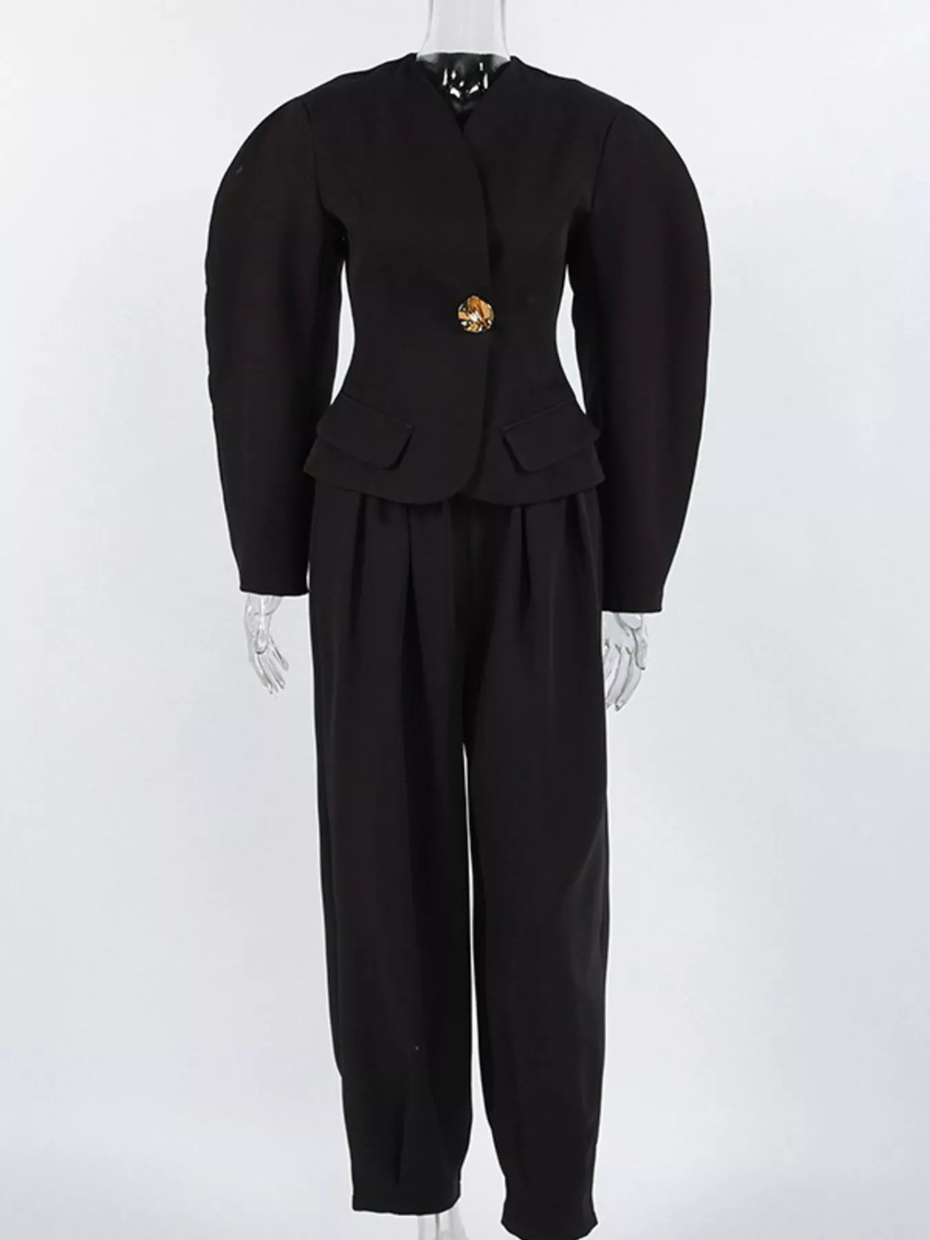 Trendsi Puffy Sleeve Blazer and Wide-Leg Pants Set -
