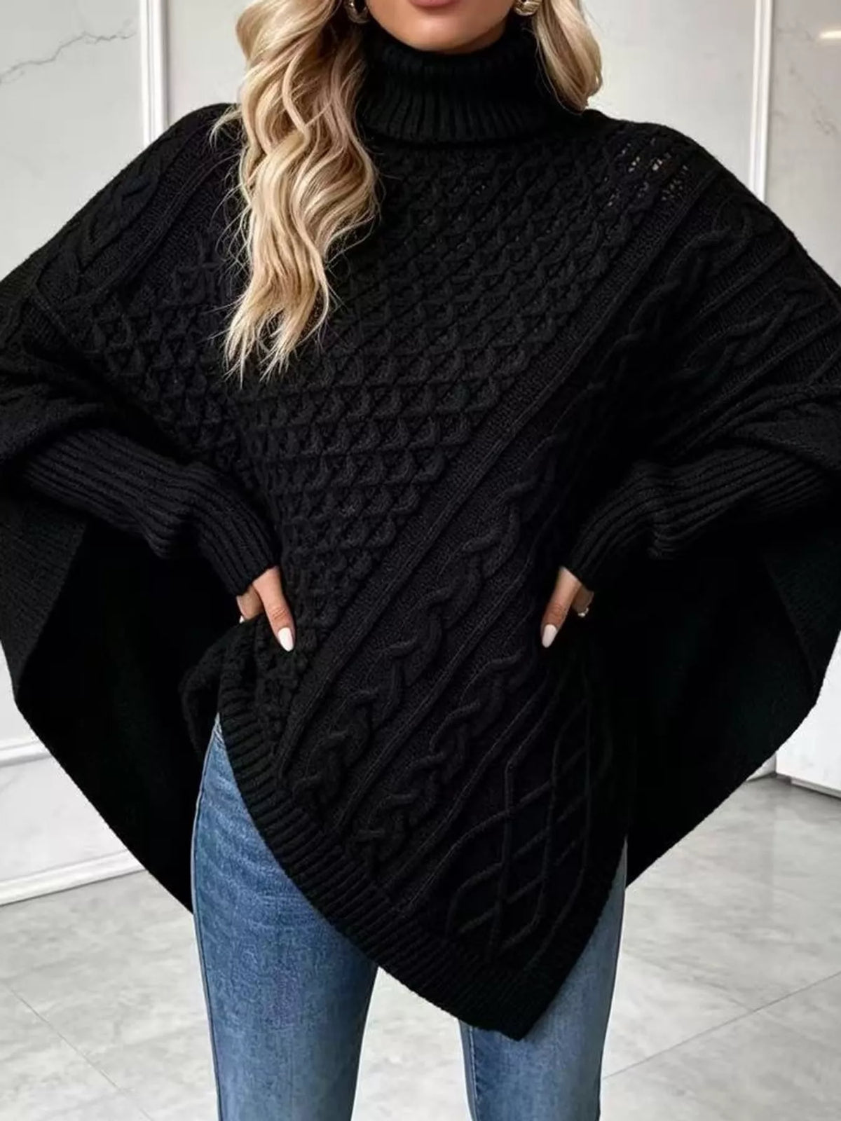 Turtleneck Cable Knit Sweater in black