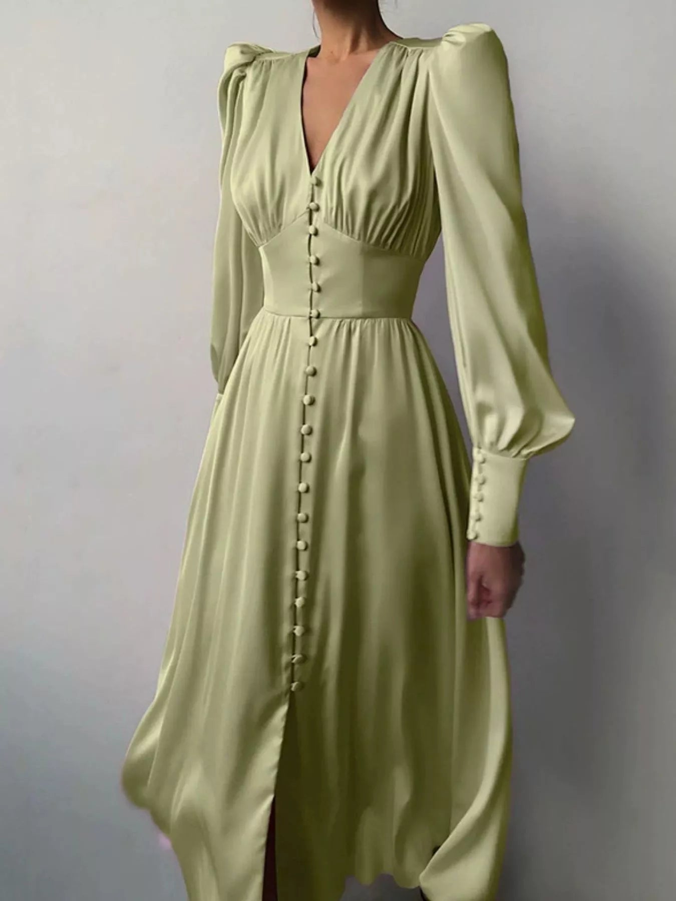 Trendsi Elegant V-Neck Puff Sleeve Button-Down Midi Dress -