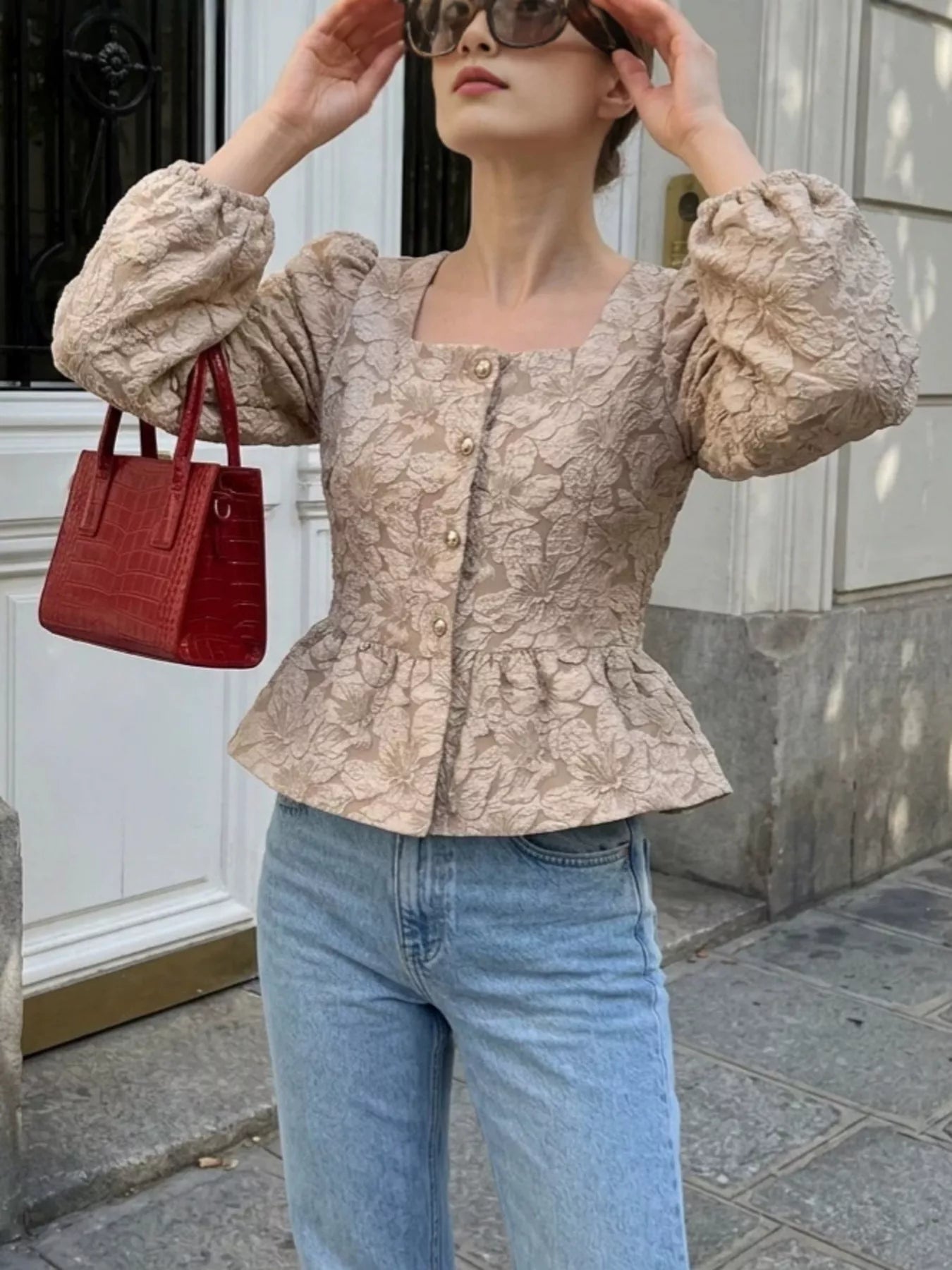 Trendsi Square Neck Textured Peplum Blouse -