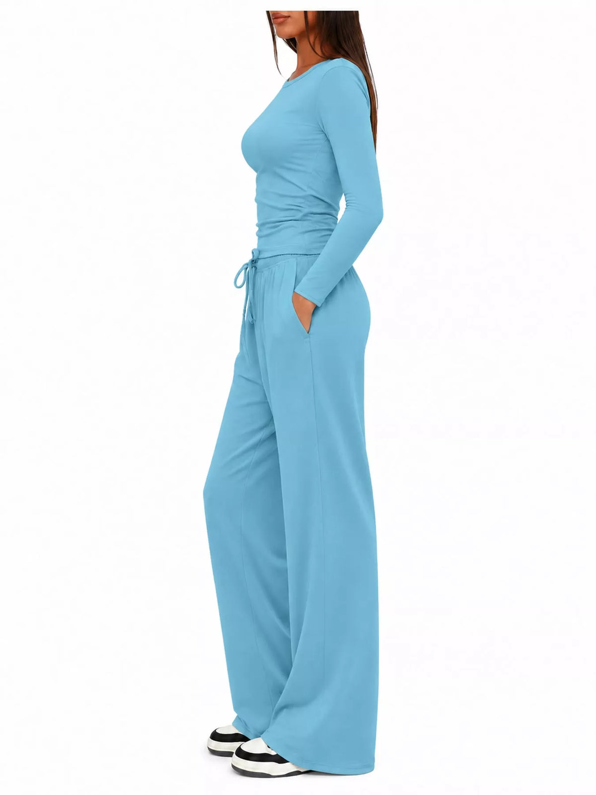 Long Sleeve Ruched Top and Wide-Leg Drawstring Pants Set — side view
