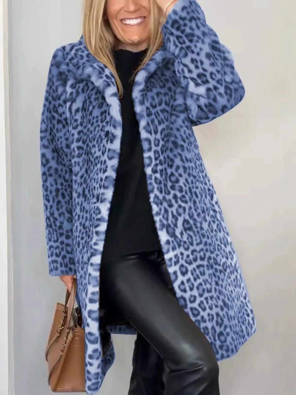 Open Front Leopard Print Faux Fur Jacket — front view