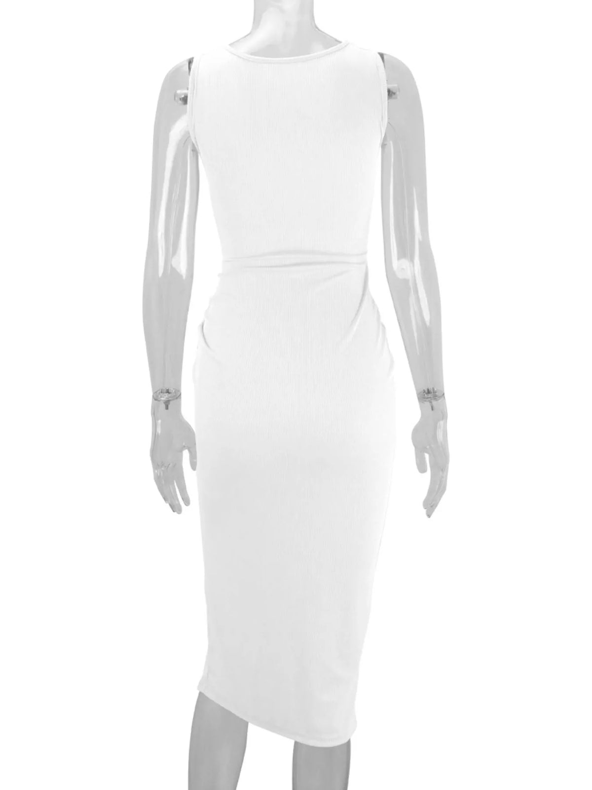 Women's Sleeveless Cut-Out Ruched High-Slit Bodycon Dress in white — mannequin back view